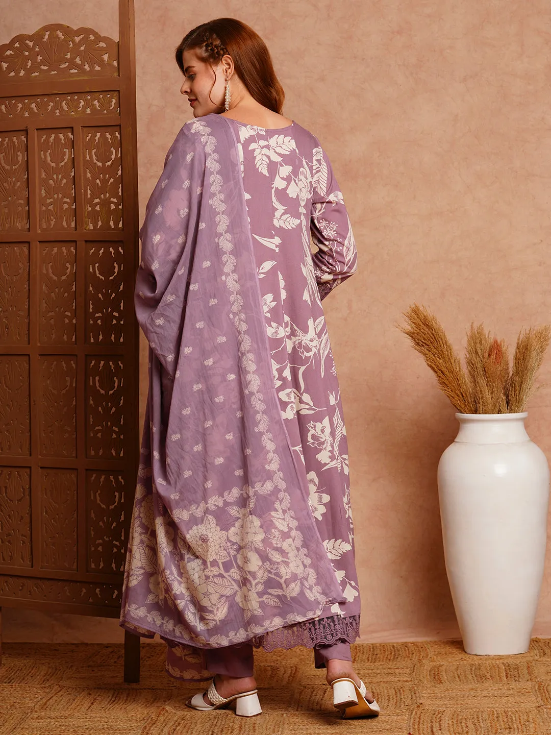 Abstract Printed & Embroidered Anarkali with Pant & Dupatta - Lavender