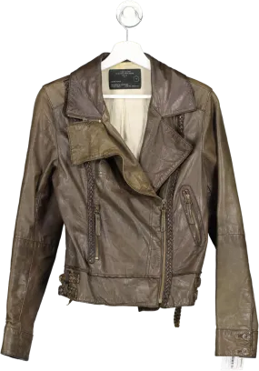 All Saints Brown Plait Detail Leather Biker Jacket UK 12