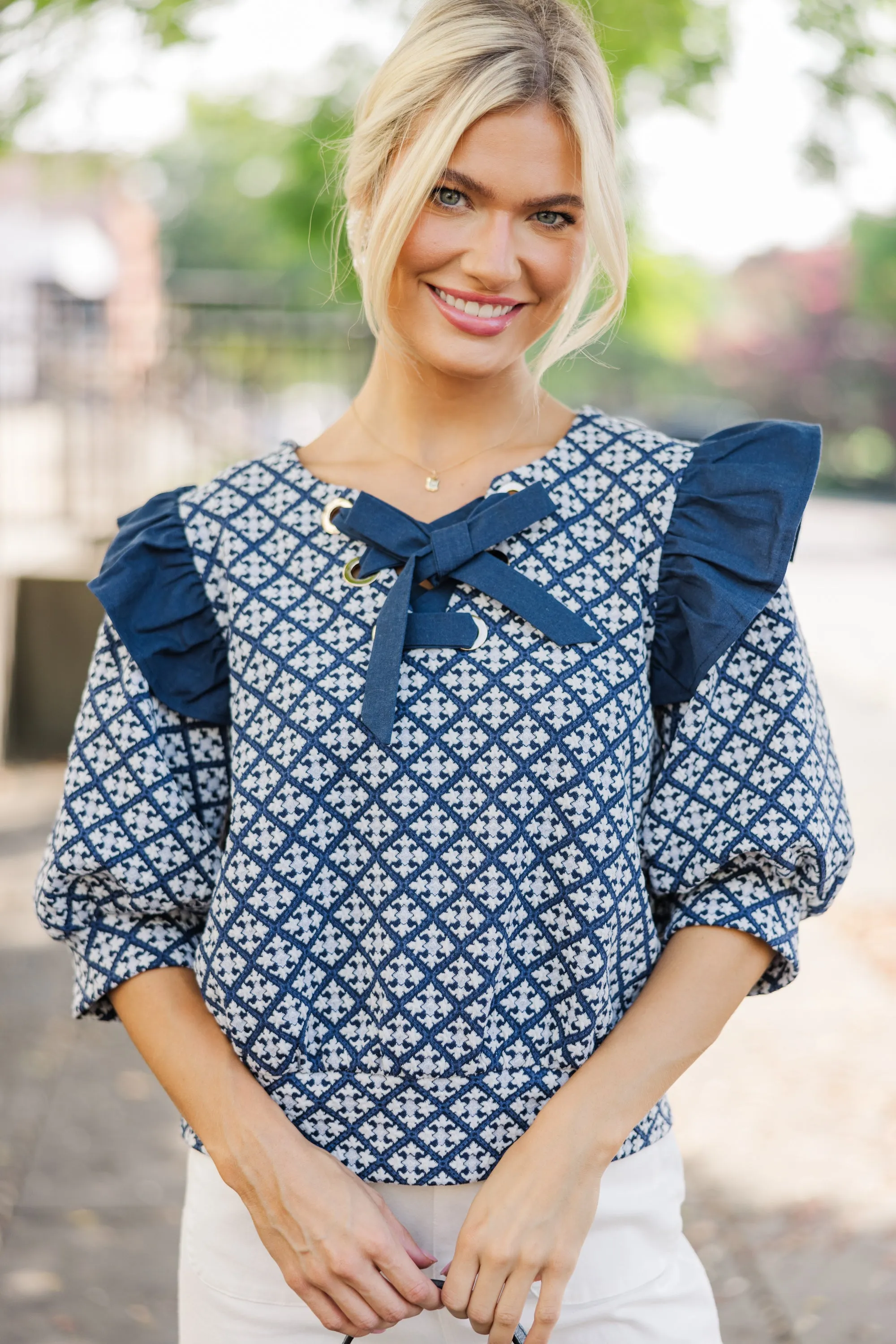 All Your Love Navy Blue Ruffled Blouse