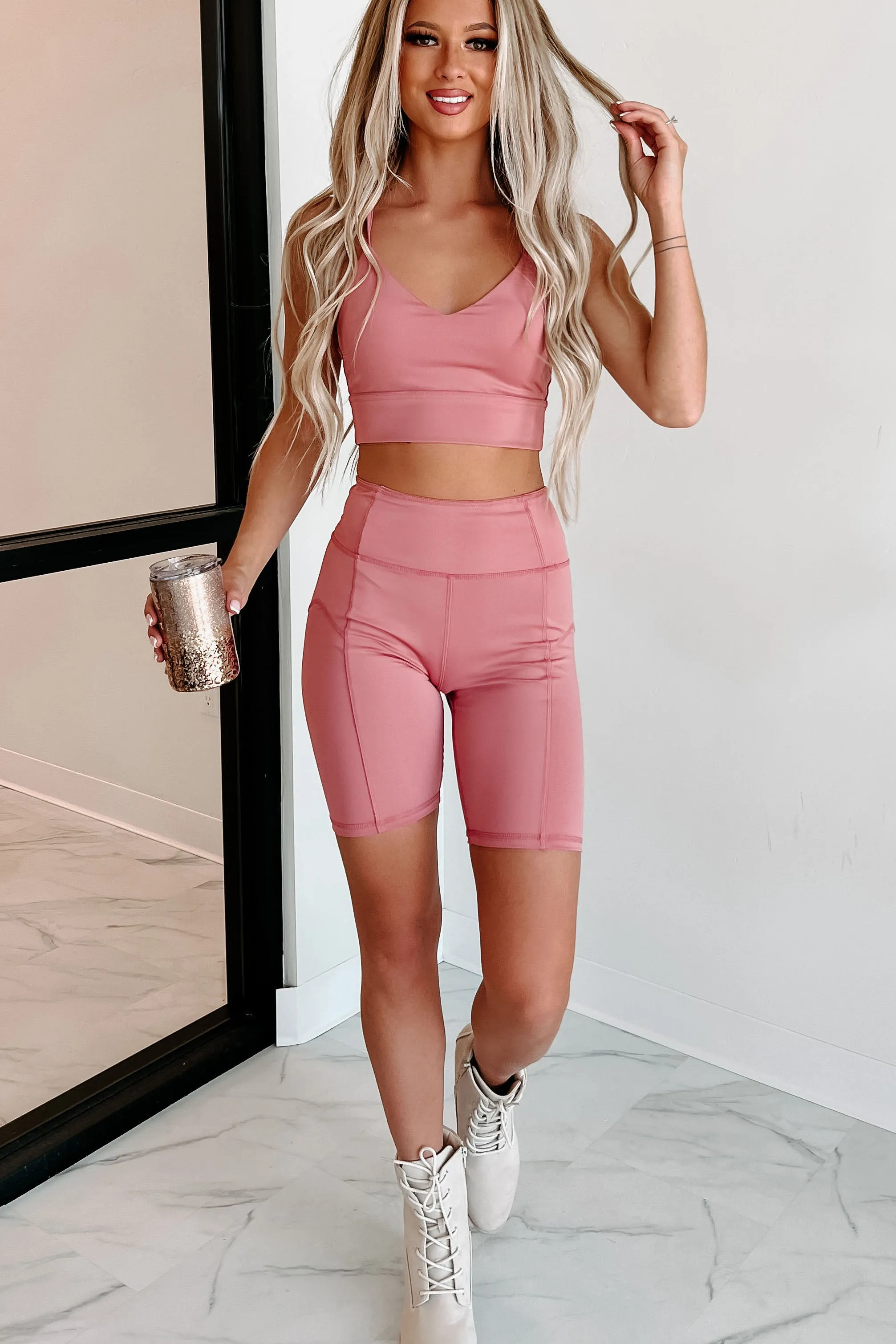 Always On Two Piece Biker Short Set (Dark Pink)