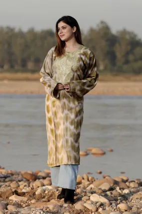 AMAZING OLIVE GREEN COLOUR TIE-DYE Aari Tilla Work Embroidered Phiran Enriched Designer Neckline Pattern