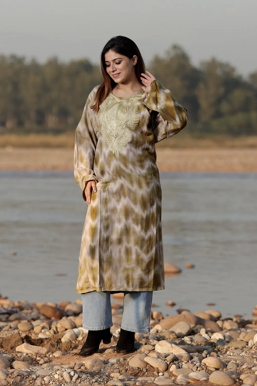 AMAZING OLIVE GREEN COLOUR TIE-DYE Aari Tilla Work Embroidered Phiran Enriched Designer Neckline Pattern