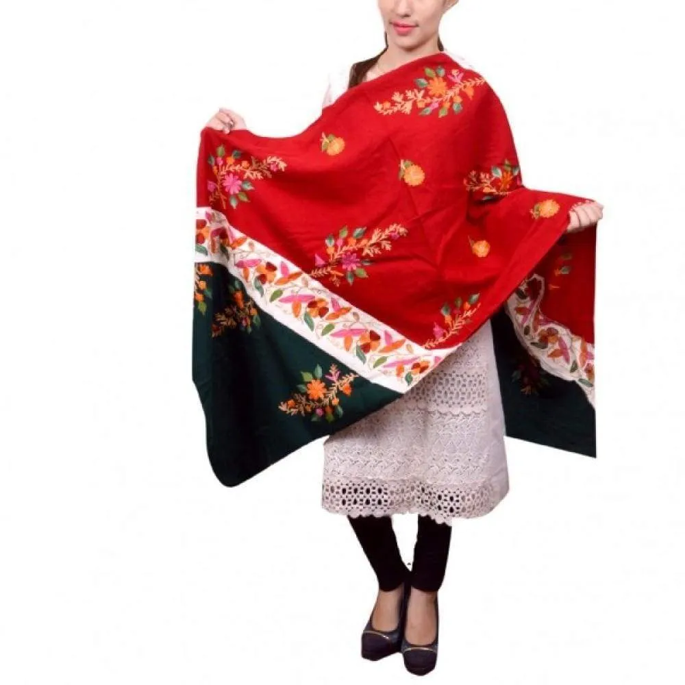 Amazing Red And Green New Look With High Quality Pashmina Aari Work Stole