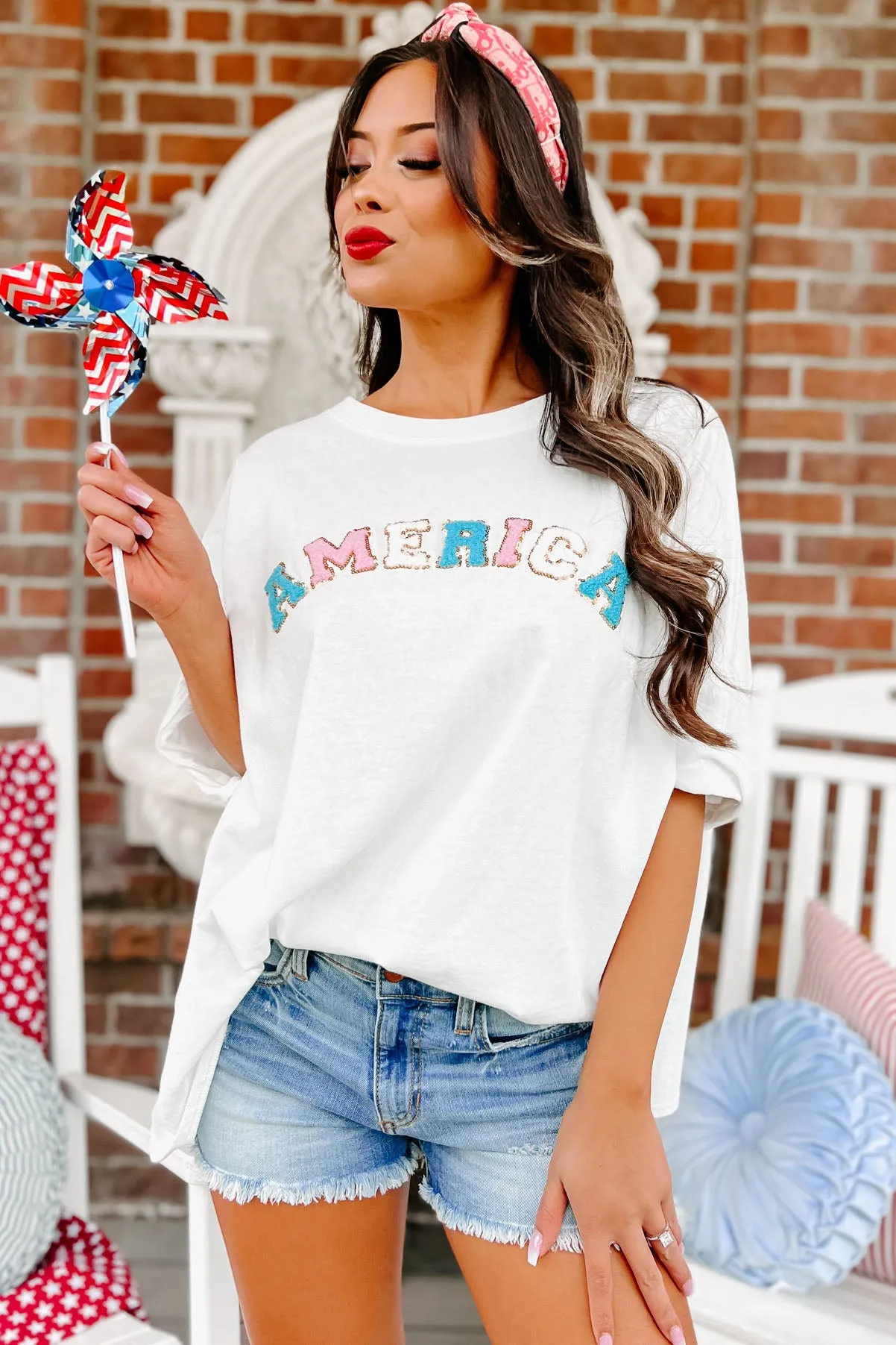 American Cutie Oversized Patch Graphic Top (White)