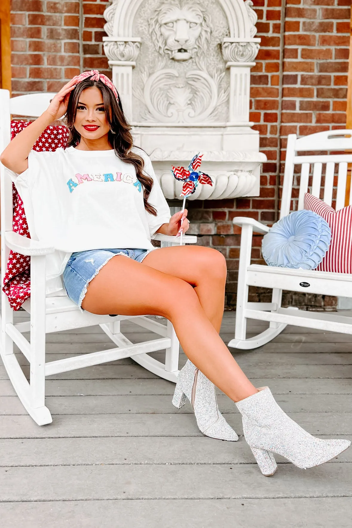 American Cutie Oversized Patch Graphic Top (White)