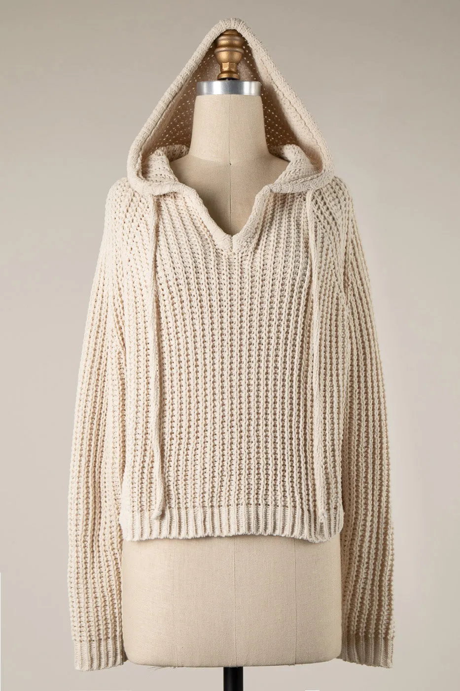 BACK SLIT CABLE KNIT CHENILLE HOODIE SWEATER 1 PACK