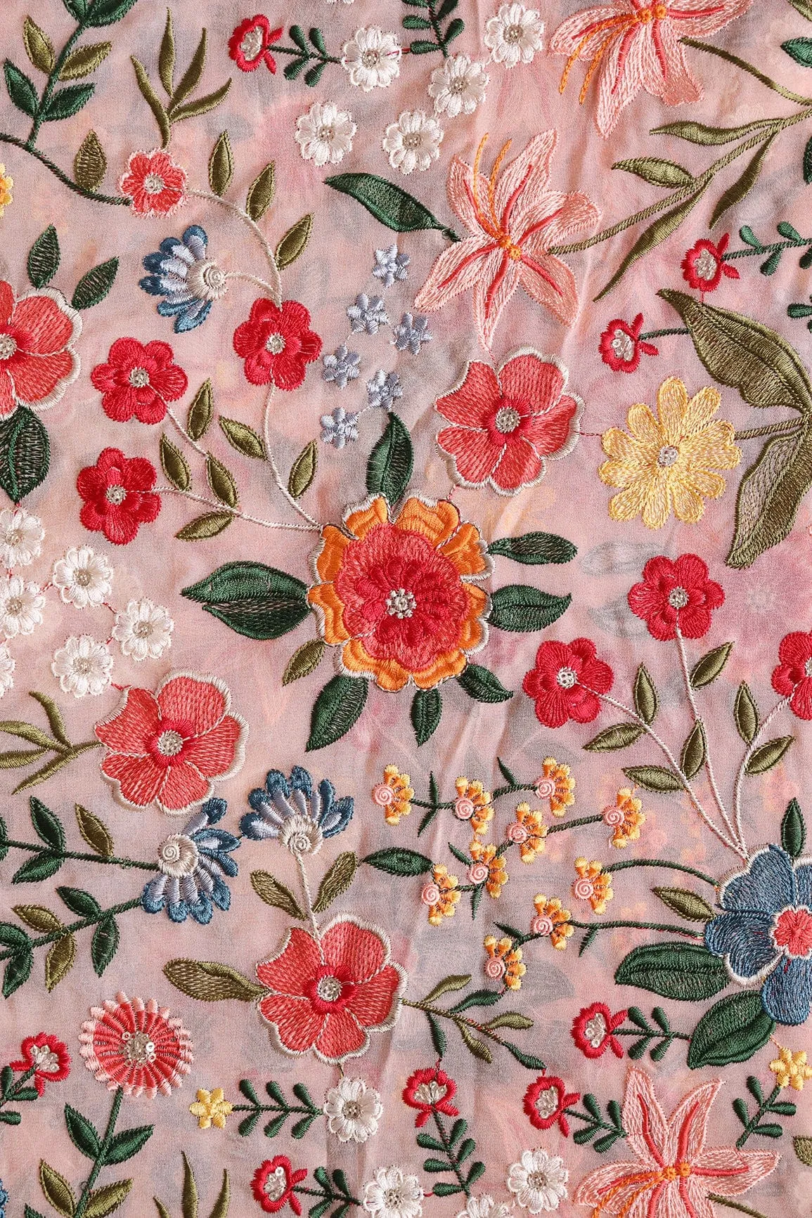 Beautiful Floral Heavy Embroidery On Peach Viscose Georgette Fabric