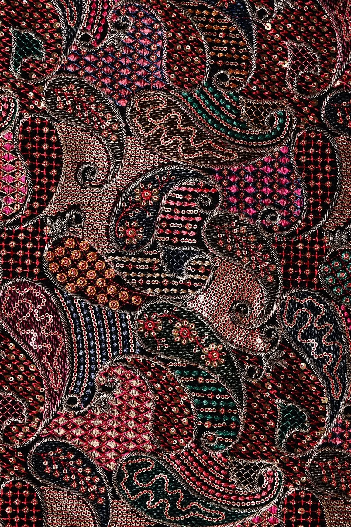 Beautiful Multi Color Thread With Sequins Paisley Embroidery Work On Black Velvet Fabric