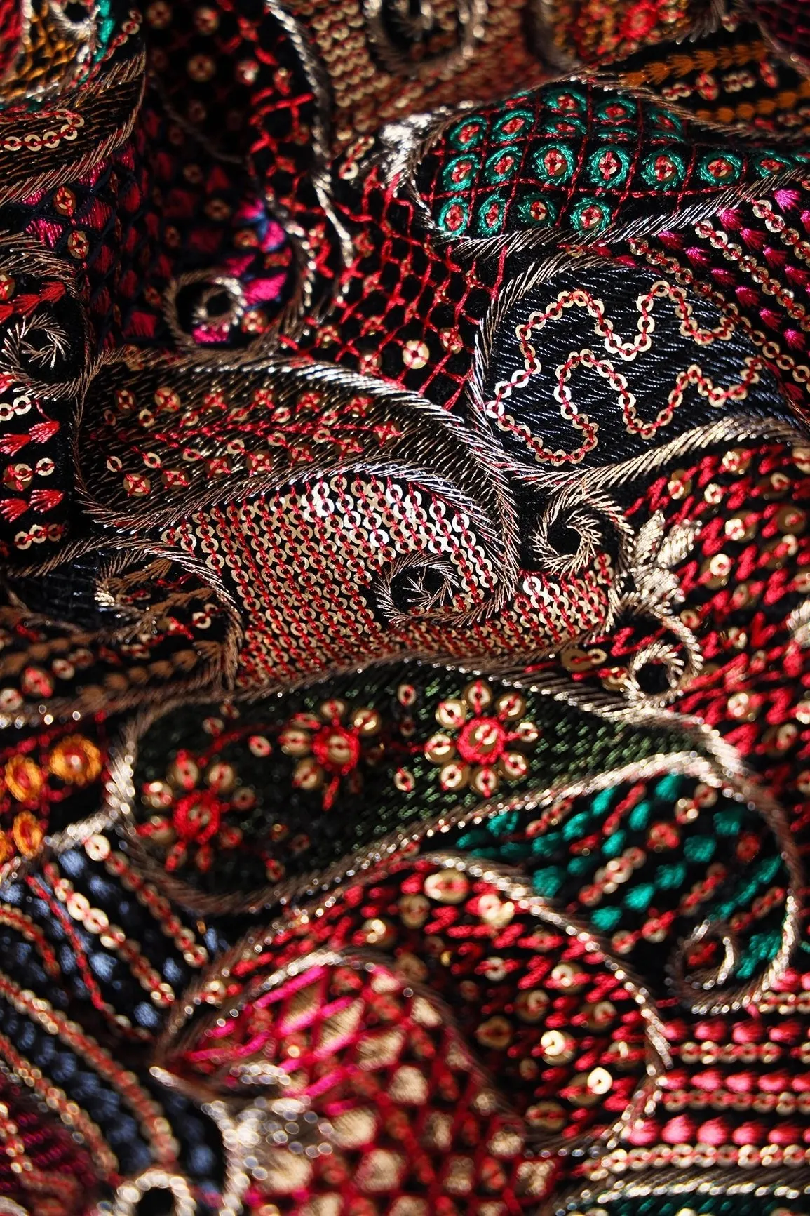 Beautiful Multi Color Thread With Sequins Paisley Embroidery Work On Black Velvet Fabric