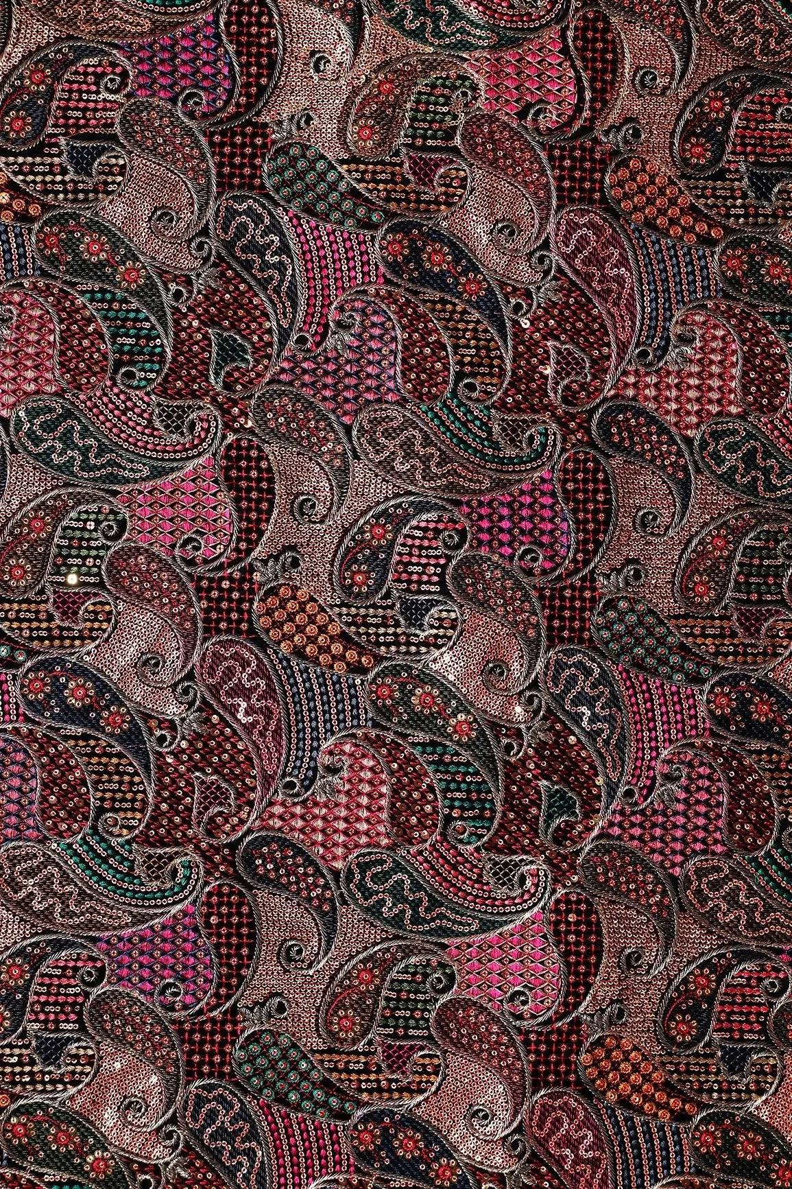 Beautiful Multi Color Thread With Sequins Paisley Embroidery Work On Black Velvet Fabric