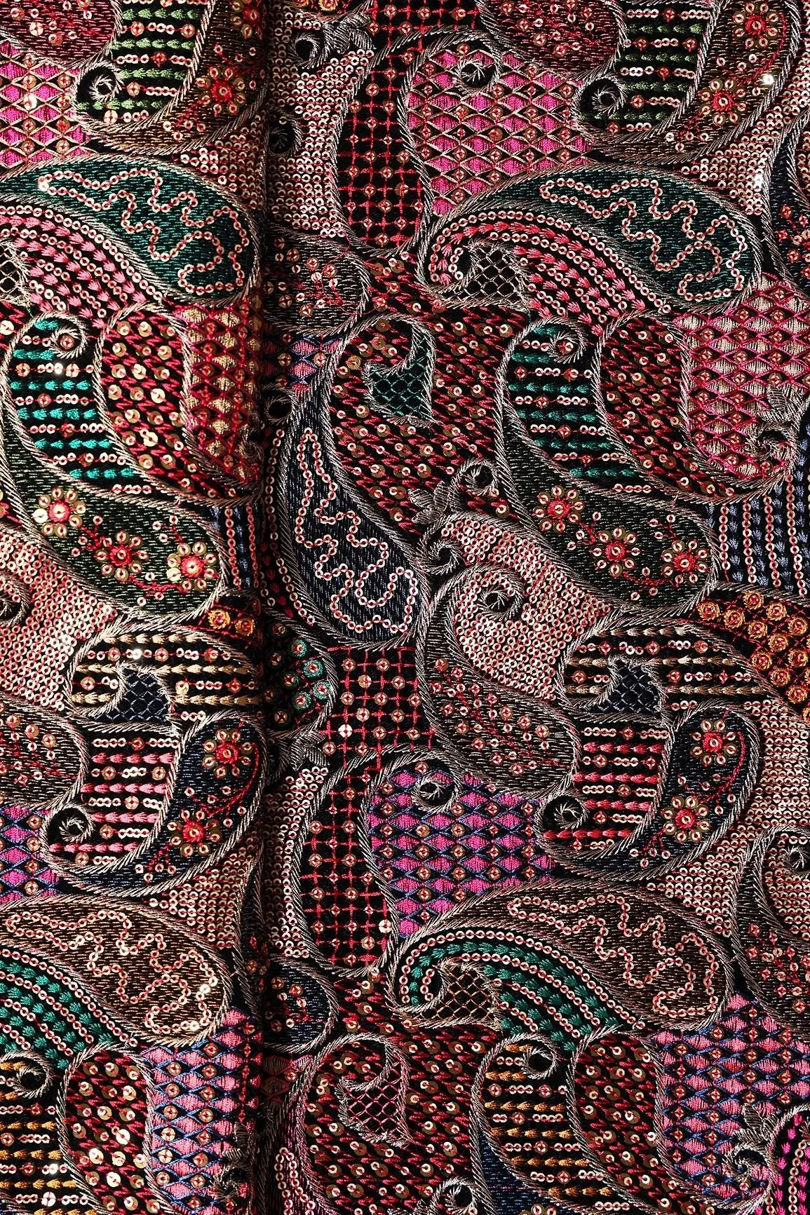 Beautiful Multi Color Thread With Sequins Paisley Embroidery Work On Black Velvet Fabric