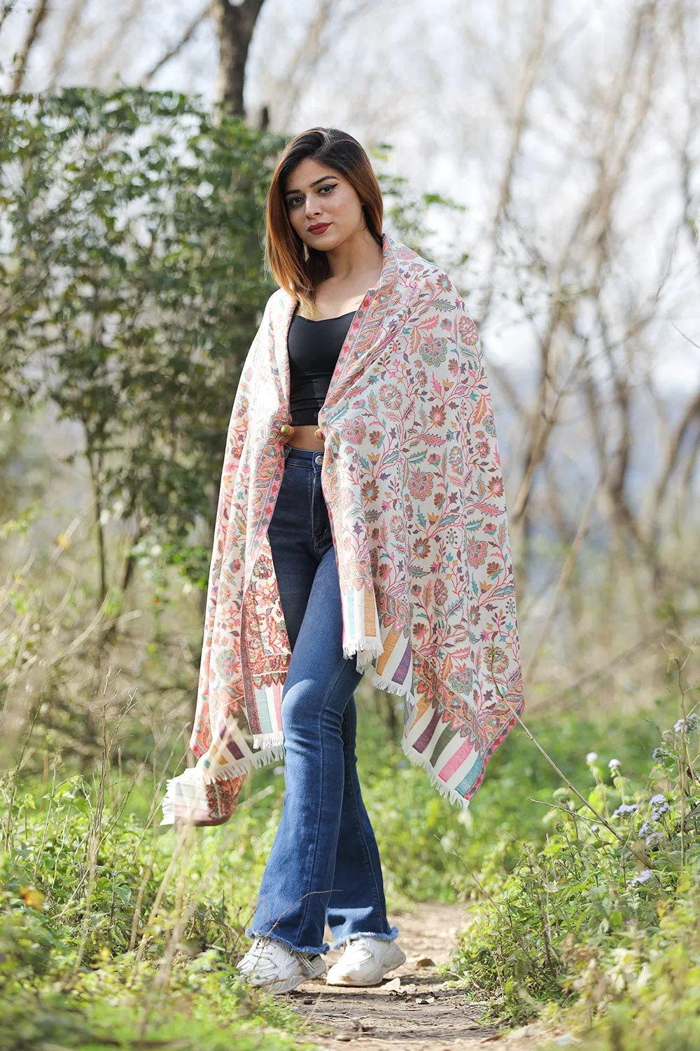 Beautiful Multicolour Ivory White Designer Shawl With Beautifully Highlighted With Floral pattern A Sure to Give You Warm Look.