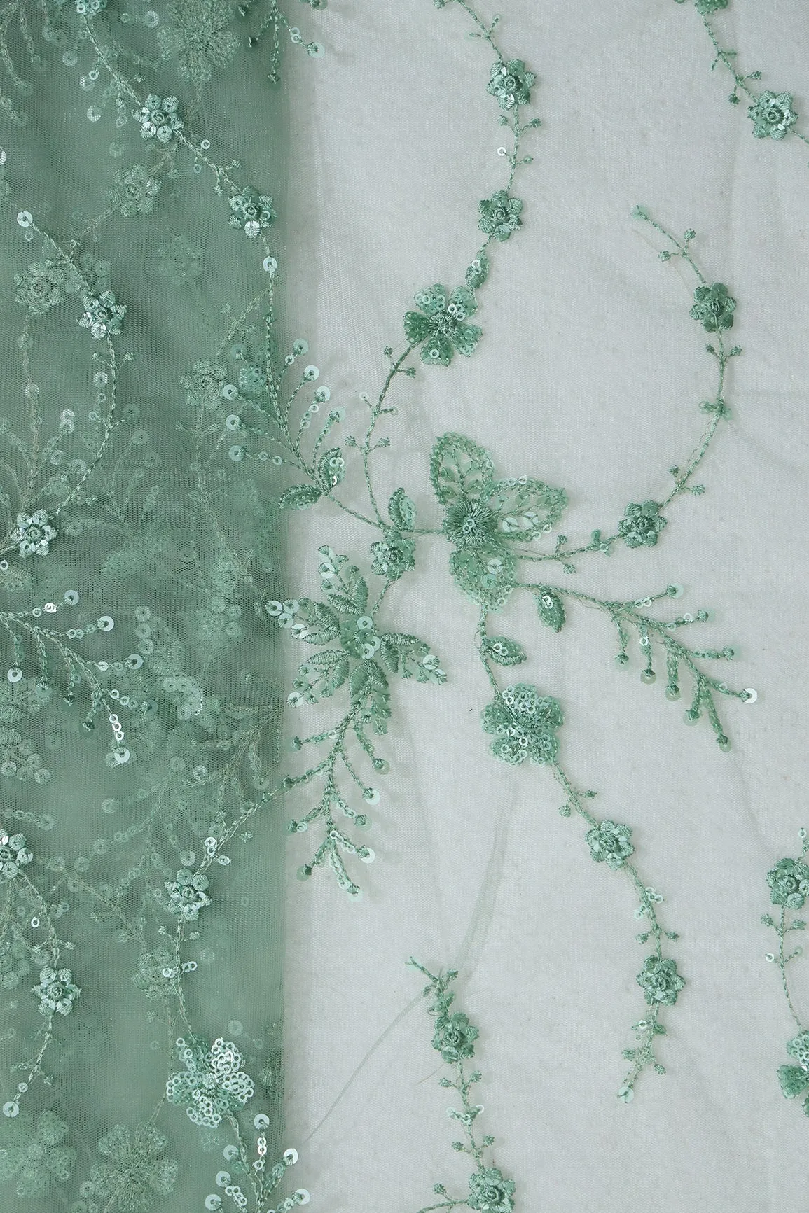 Beautiful Olive Thread With Sequins Floral Embroidery Work On Olive Soft Net Fabric