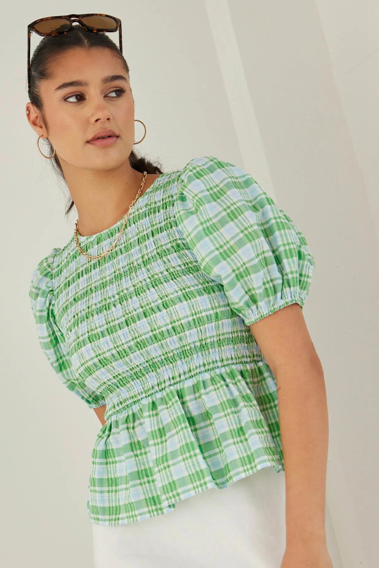 Beholden Blue Green Check Shirred Bodice SS Top