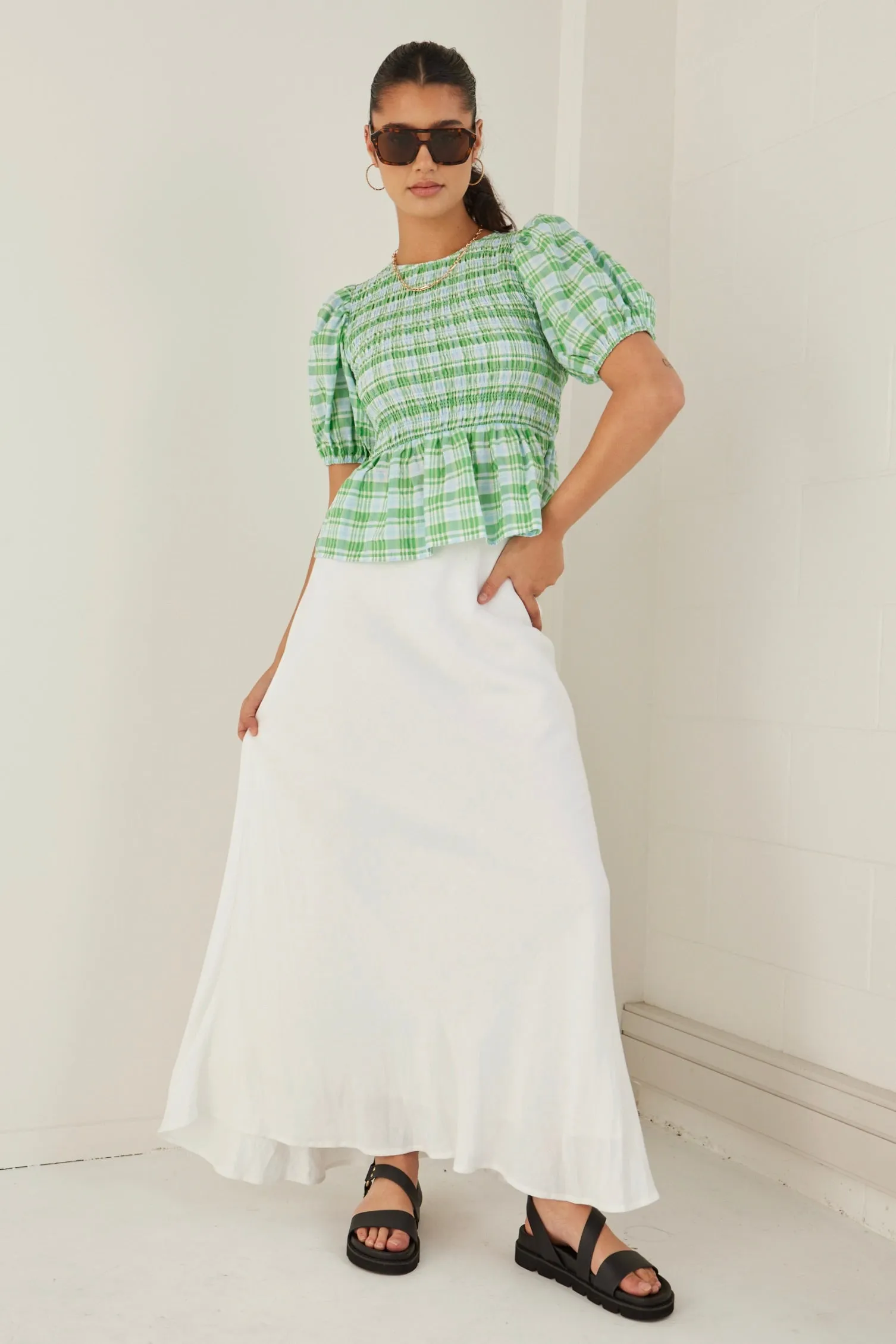 Beholden Blue Green Check Shirred Bodice SS Top