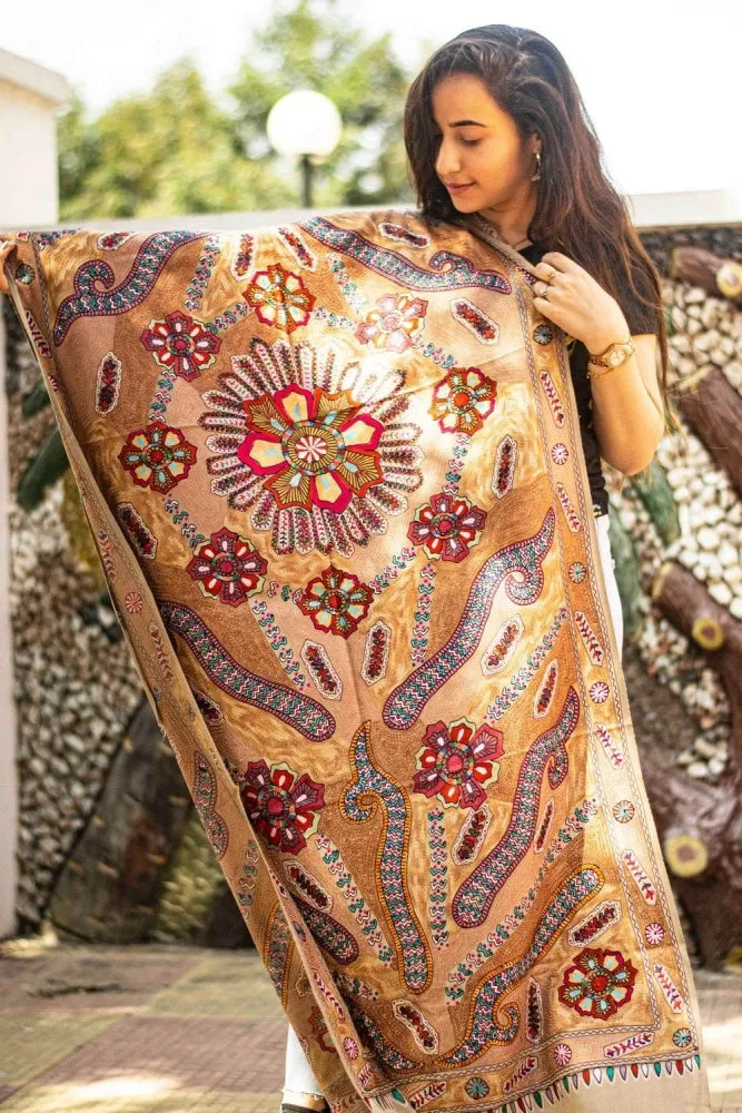 Beige Colour Stole With Kashmiri  Embroidery Compliments The Wearer For Owning A Unique Accessory.