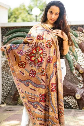 Beige Colour Stole With Kashmiri  Embroidery Compliments The Wearer For Owning A Unique Accessory.