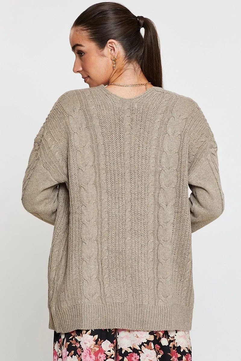 Beige Knit Cardigan Long Sleeve Relaxed Cable