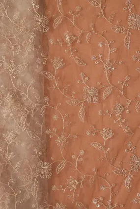 Beige Thread With Water Sequins Floral Embroidery On Beige Soft Net Fabric