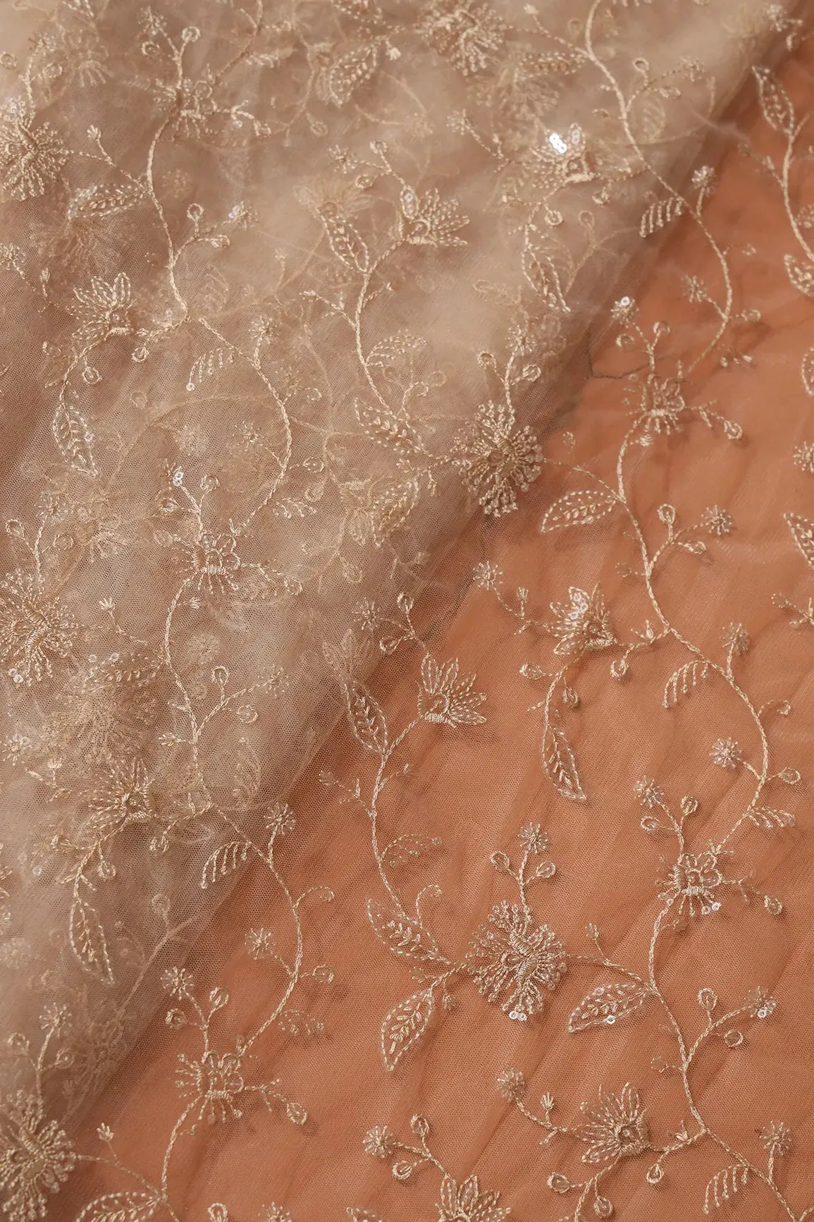 Beige Thread With Water Sequins Floral Embroidery On Beige Soft Net Fabric