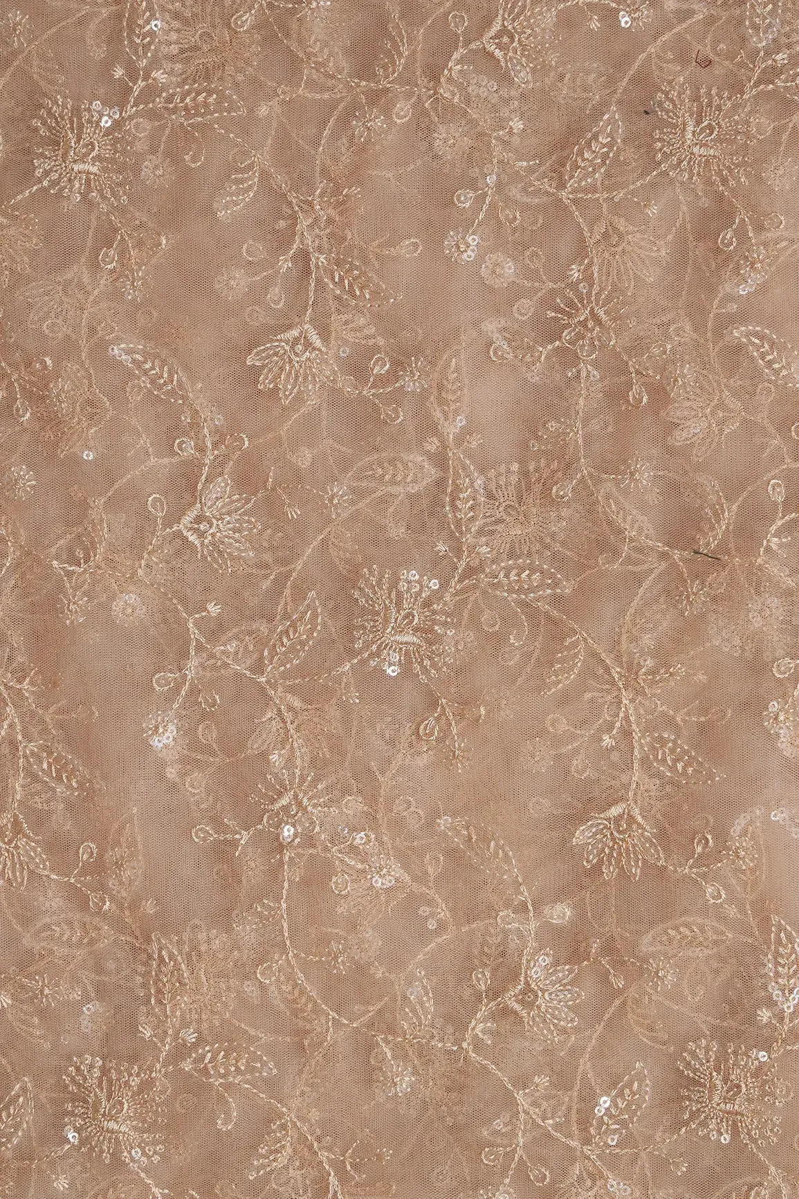 Beige Thread With Water Sequins Floral Embroidery On Beige Soft Net Fabric