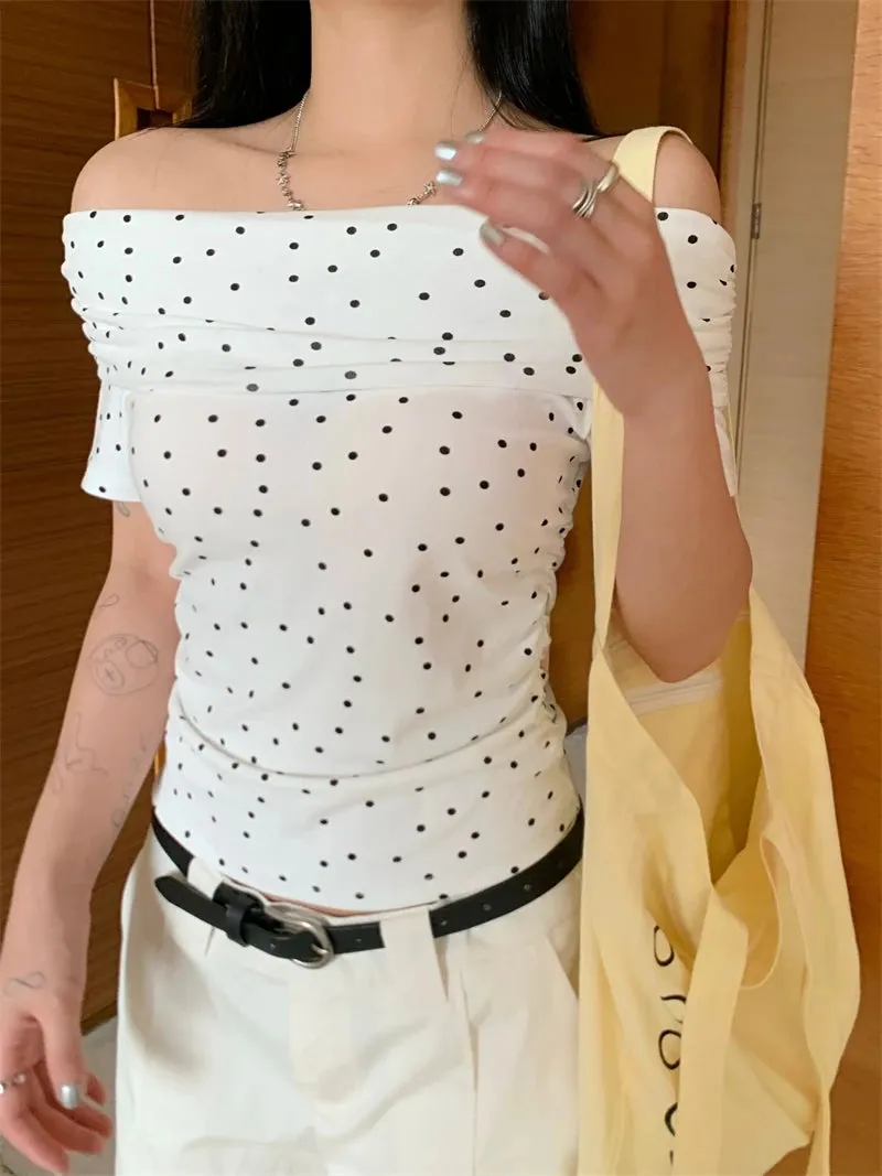 Benuynffy Polka Dot Off Shoulder Slim-fit Crop Top Blouse