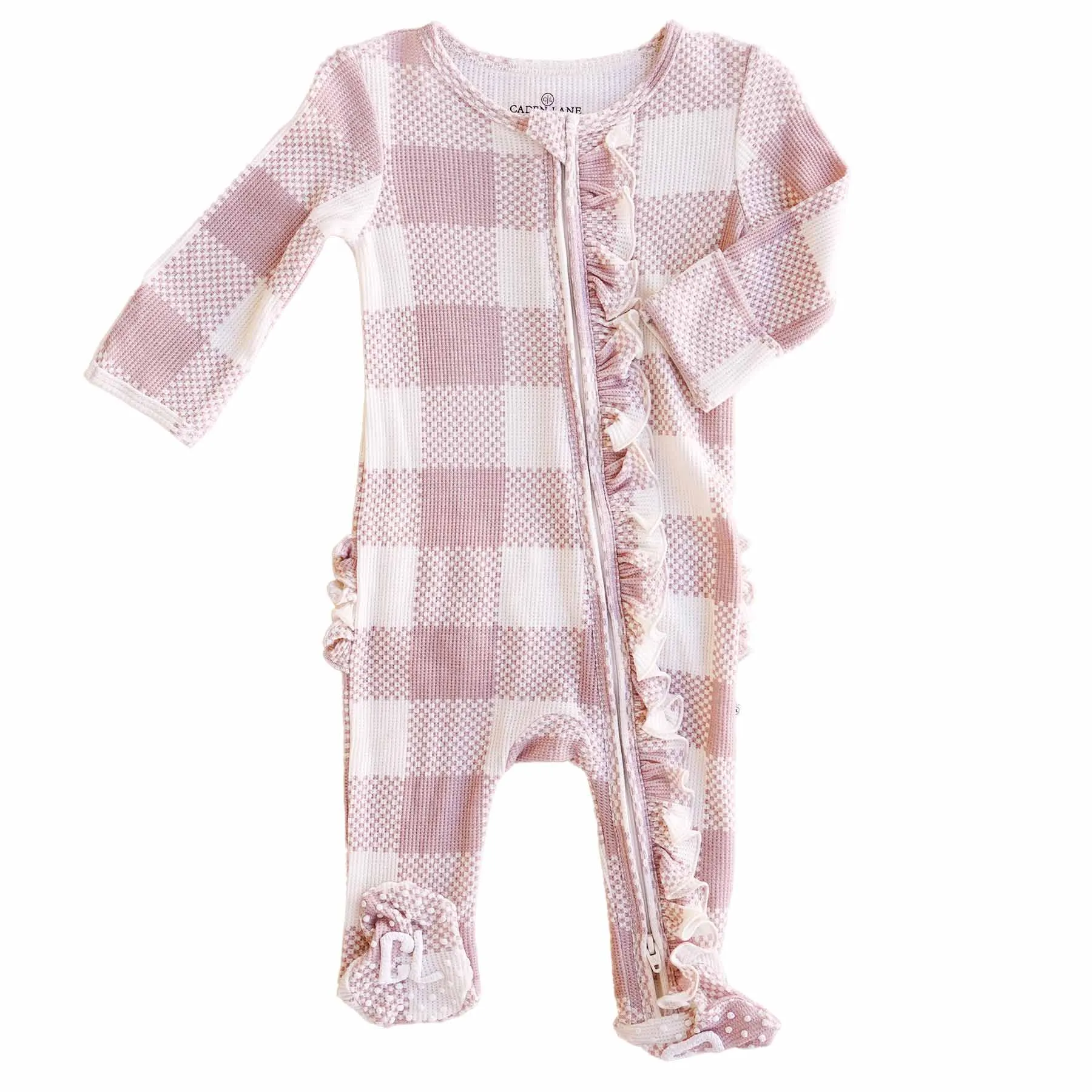 Big Check Waffle Bamboo Zipper Ruffle Footie | Rosy