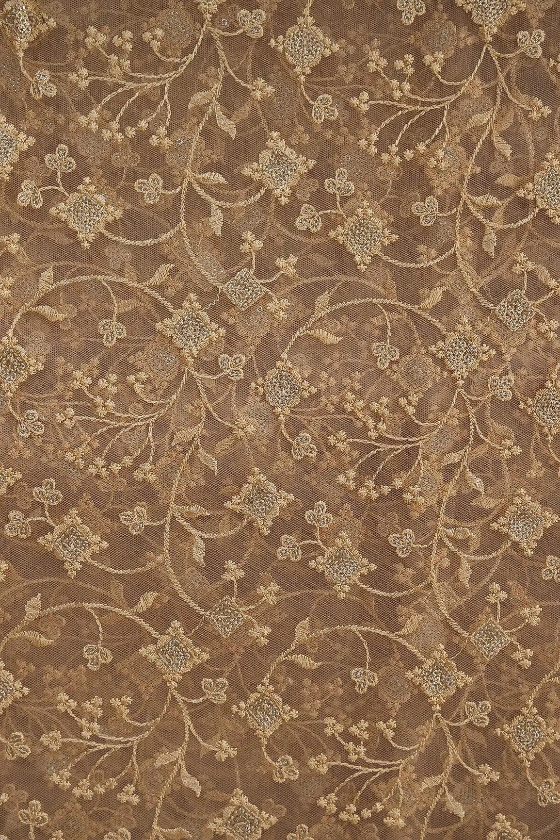 Big Width "56" Cream Thread With Gold Sequins Beautiful Floral Embroidery Work On Light Beige Soft net Fabric