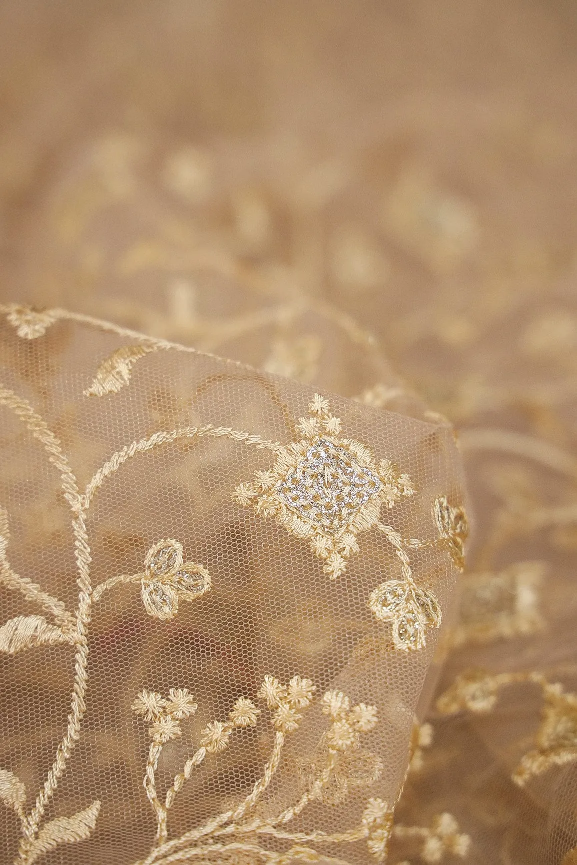 Big Width "56" Cream Thread With Gold Sequins Beautiful Floral Embroidery Work On Light Beige Soft net Fabric