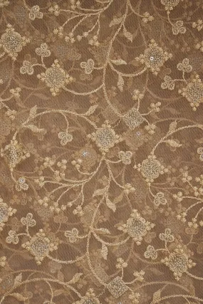 Big Width "56" Cream Thread With Gold Sequins Beautiful Floral Embroidery Work On Light Beige Soft net Fabric