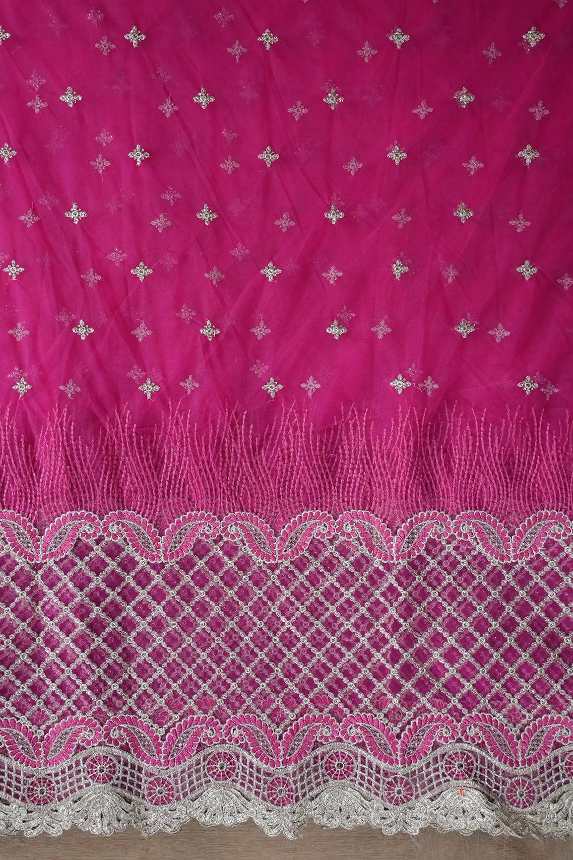 Big Width''56'' Fuchsia Thread With Zari Checks Embroidery Work On Fuchsia Soft Net Fabric With Border