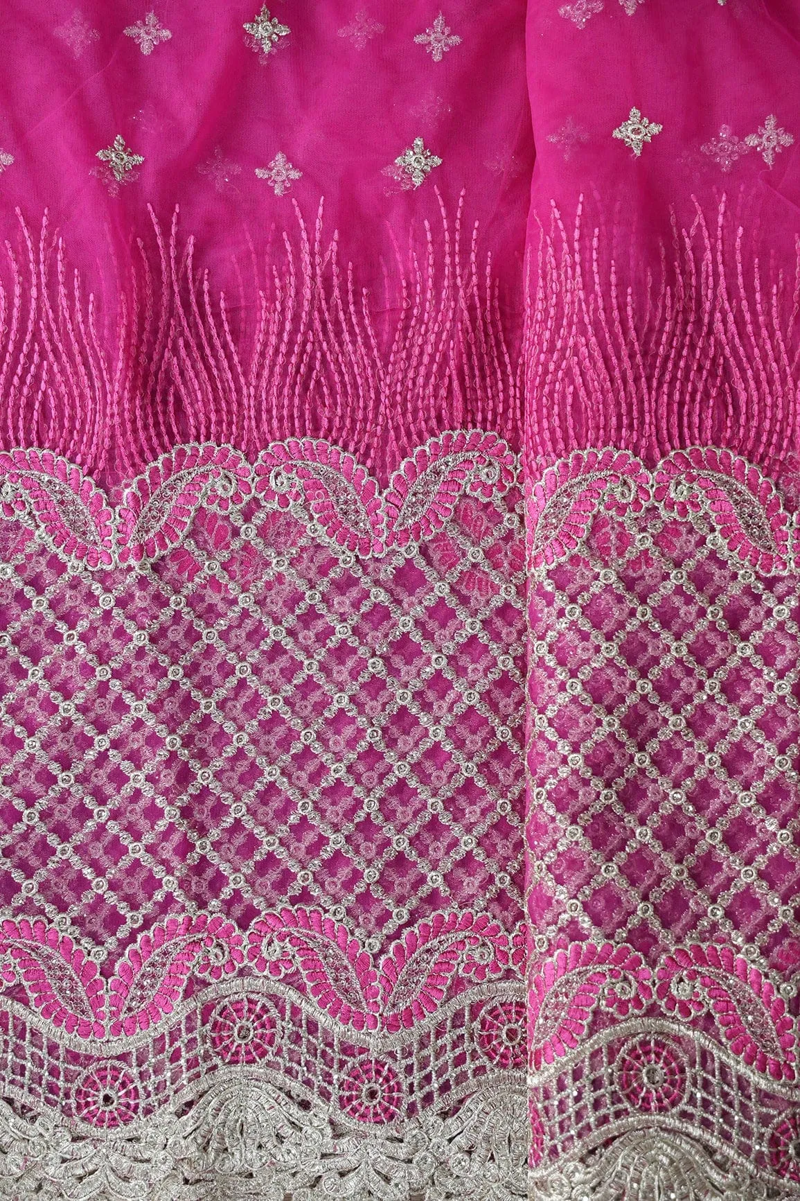 Big Width''56'' Fuchsia Thread With Zari Checks Embroidery Work On Fuchsia Soft Net Fabric With Border