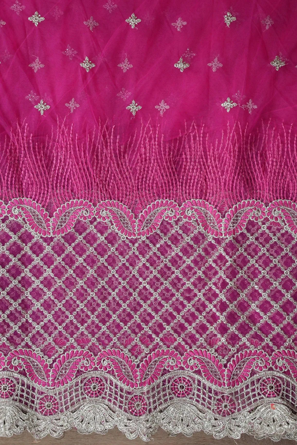 Big Width''56'' Fuchsia Thread With Zari Checks Embroidery Work On Fuchsia Soft Net Fabric With Border