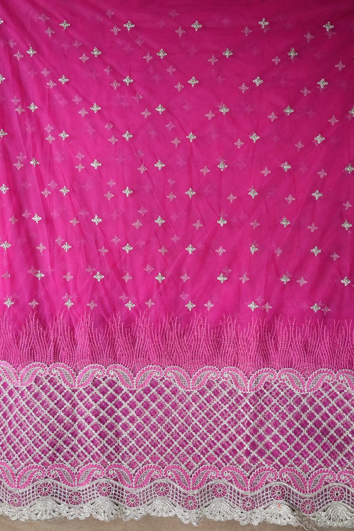 Big Width''56'' Fuchsia Thread With Zari Checks Embroidery Work On Fuchsia Soft Net Fabric With Border