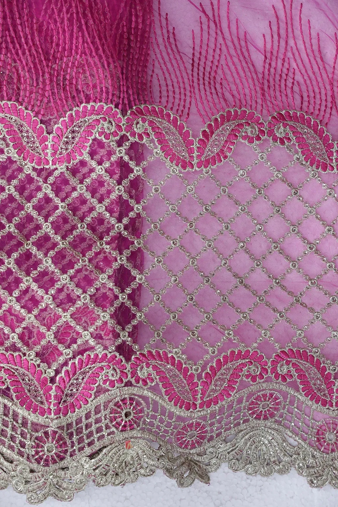 Big Width''56'' Fuchsia Thread With Zari Checks Embroidery Work On Fuchsia Soft Net Fabric With Border