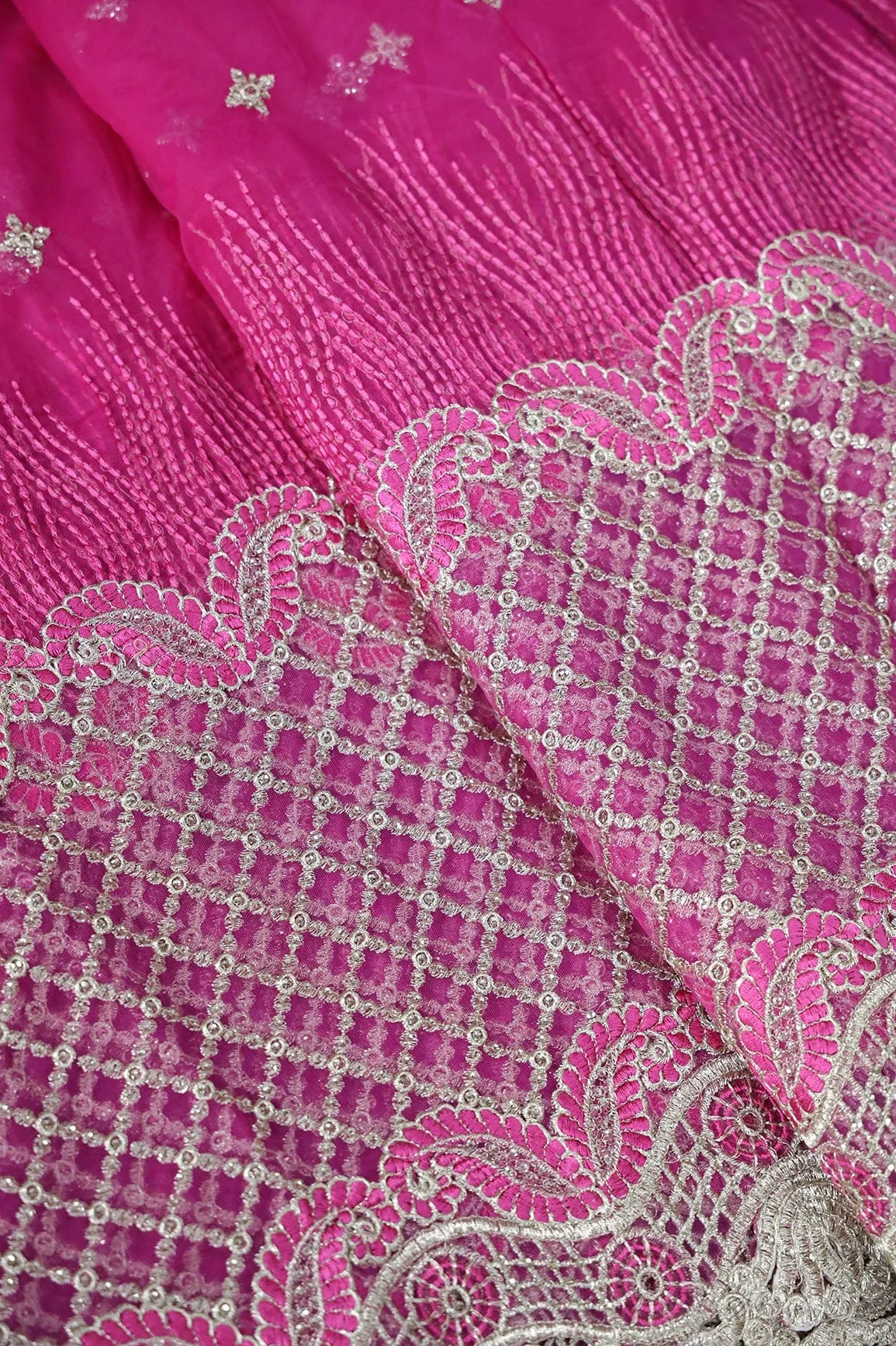 Big Width''56'' Fuchsia Thread With Zari Checks Embroidery Work On Fuchsia Soft Net Fabric With Border