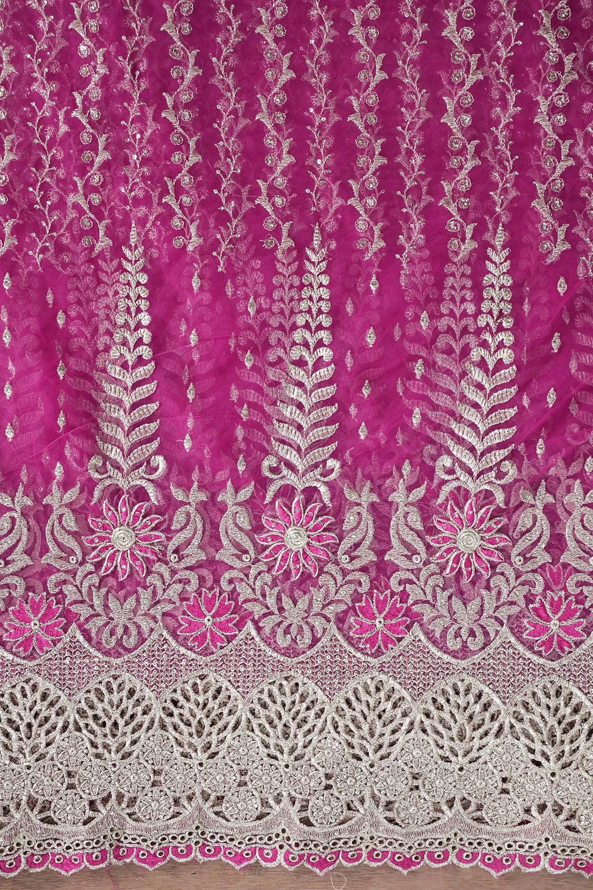 Big Width''56'' Fuchsia Thread With Zari Traditional Embroidery Work On Fuchsia Soft Net Fabric With Border