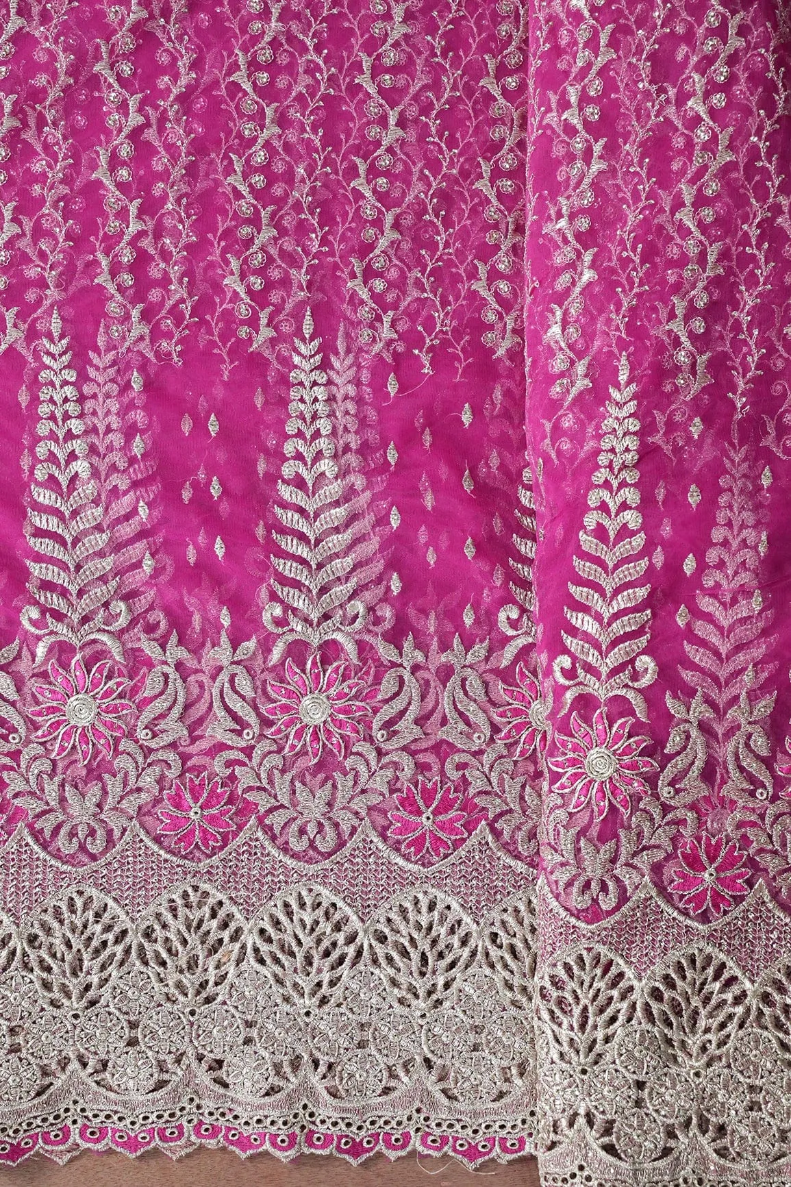 Big Width''56'' Fuchsia Thread With Zari Traditional Embroidery Work On Fuchsia Soft Net Fabric With Border