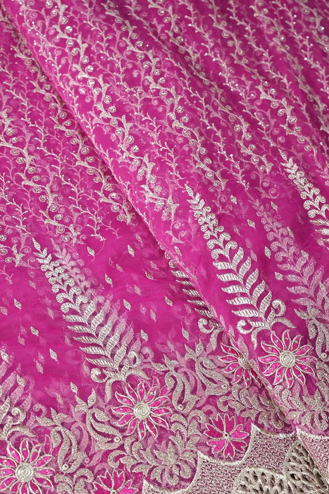 Big Width''56'' Fuchsia Thread With Zari Traditional Embroidery Work On Fuchsia Soft Net Fabric With Border