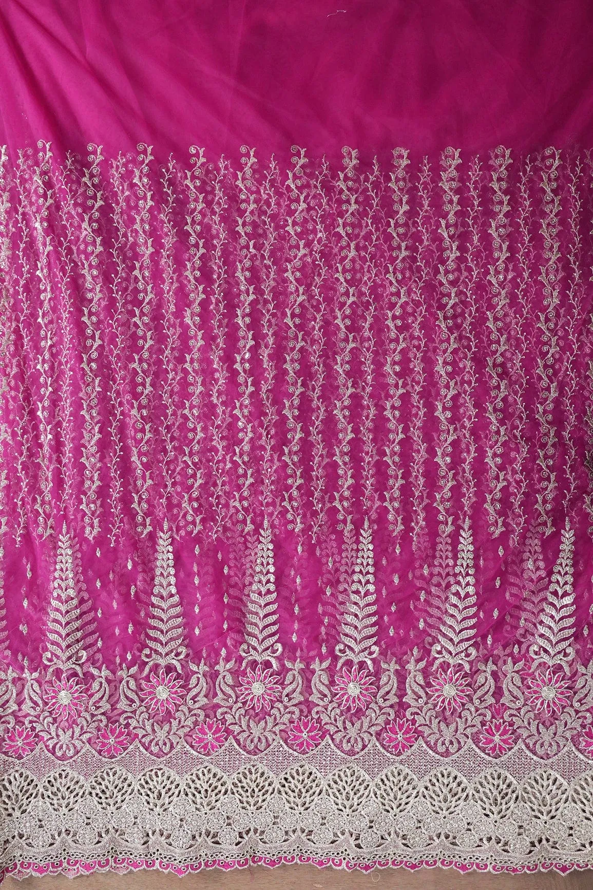 Big Width''56'' Fuchsia Thread With Zari Traditional Embroidery Work On Fuchsia Soft Net Fabric With Border