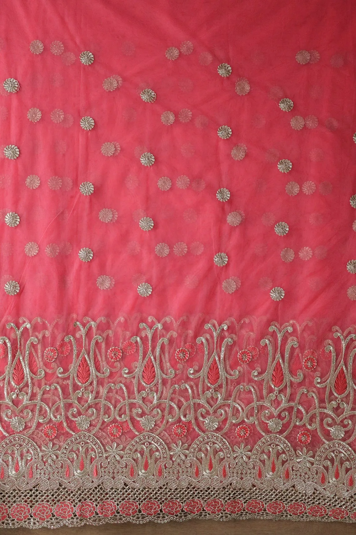 Big Width''56'' Gajri Pink Thread With Zari Traditional Embroidery Work On Gajri Pink Soft Net Fabric With Border