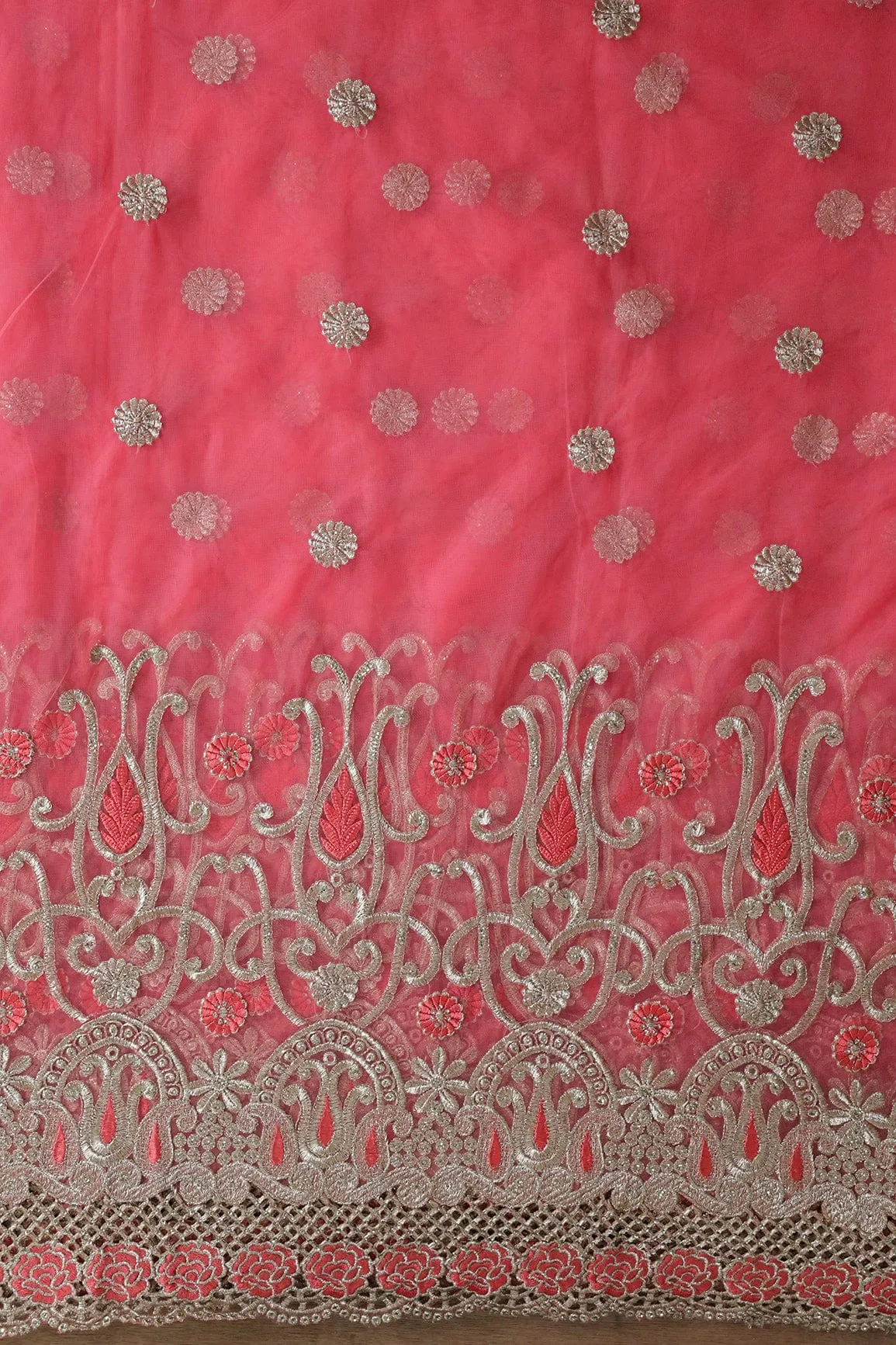 Big Width''56'' Gajri Pink Thread With Zari Traditional Embroidery Work On Gajri Pink Soft Net Fabric With Border