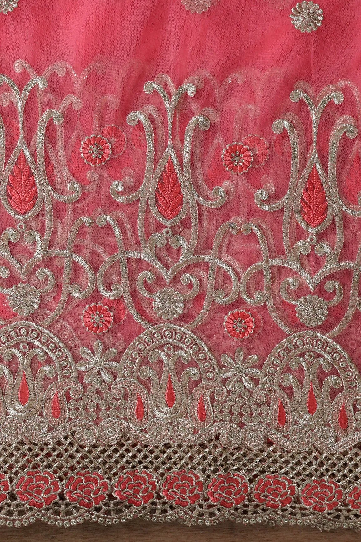 Big Width''56'' Gajri Pink Thread With Zari Traditional Embroidery Work On Gajri Pink Soft Net Fabric With Border