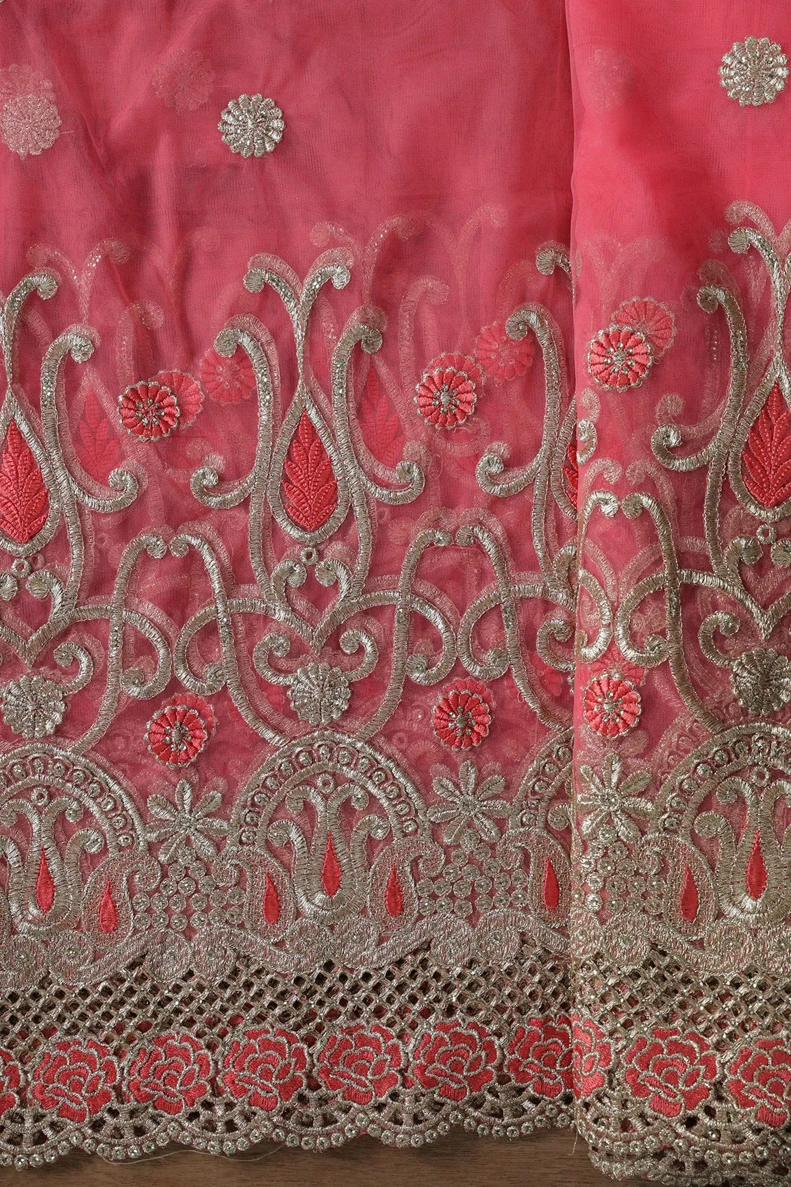 Big Width''56'' Gajri Pink Thread With Zari Traditional Embroidery Work On Gajri Pink Soft Net Fabric With Border