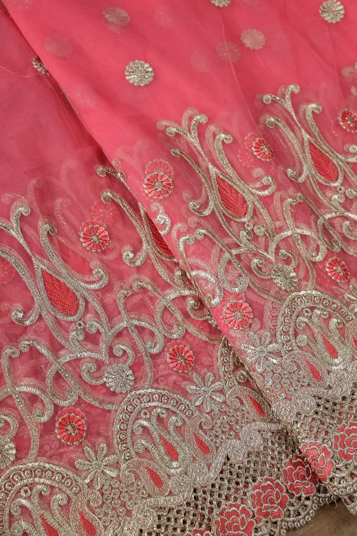 Big Width''56'' Gajri Pink Thread With Zari Traditional Embroidery Work On Gajri Pink Soft Net Fabric With Border