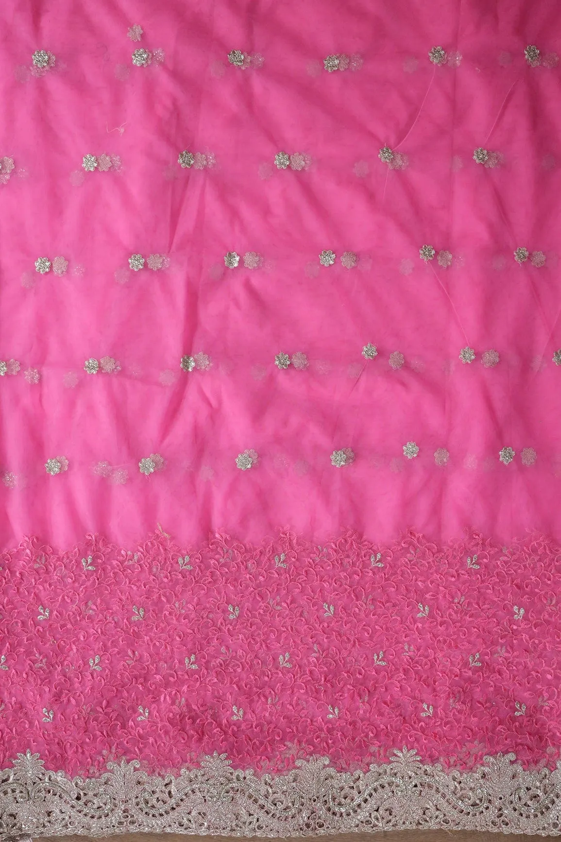 Big Width''56'' Pink Thread With Zari Leafy Embroidery Work On Pink Soft Net Fabric With Border