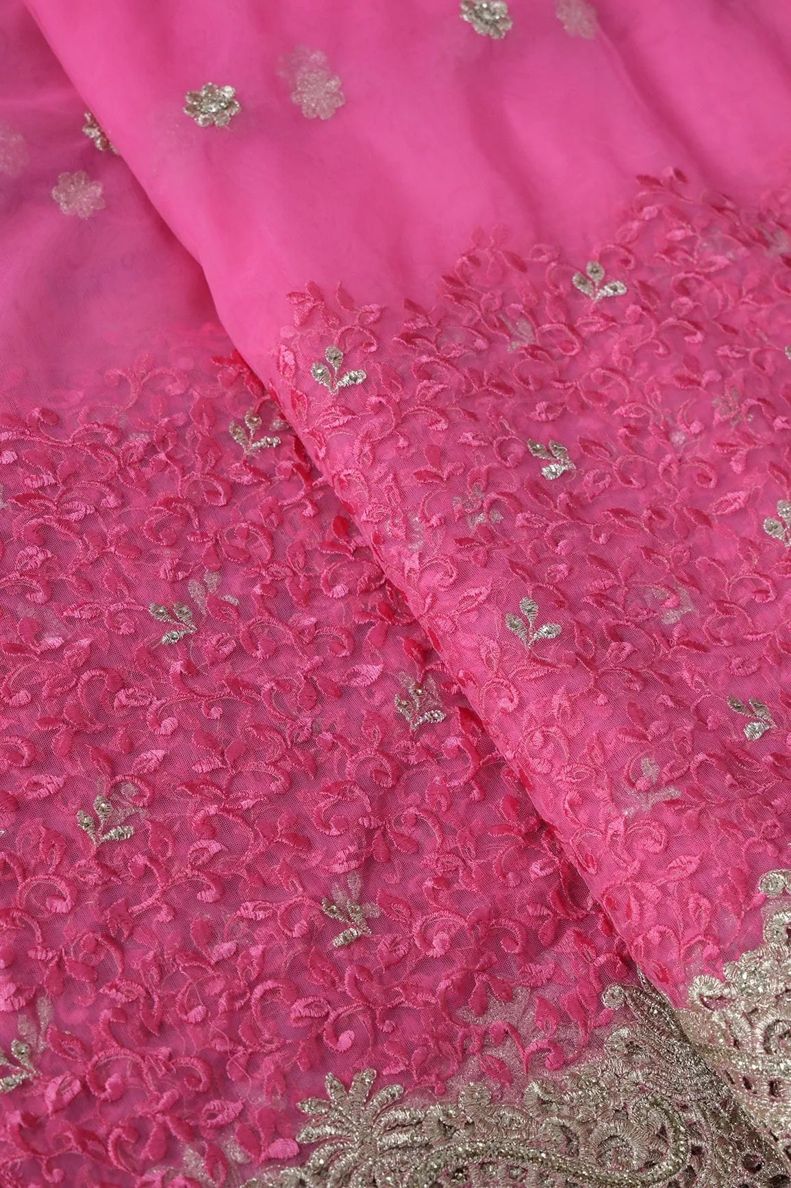 Big Width''56'' Pink Thread With Zari Leafy Embroidery Work On Pink Soft Net Fabric With Border