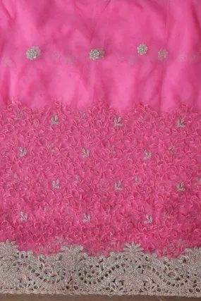 Big Width''56'' Pink Thread With Zari Leafy Embroidery Work On Pink Soft Net Fabric With Border