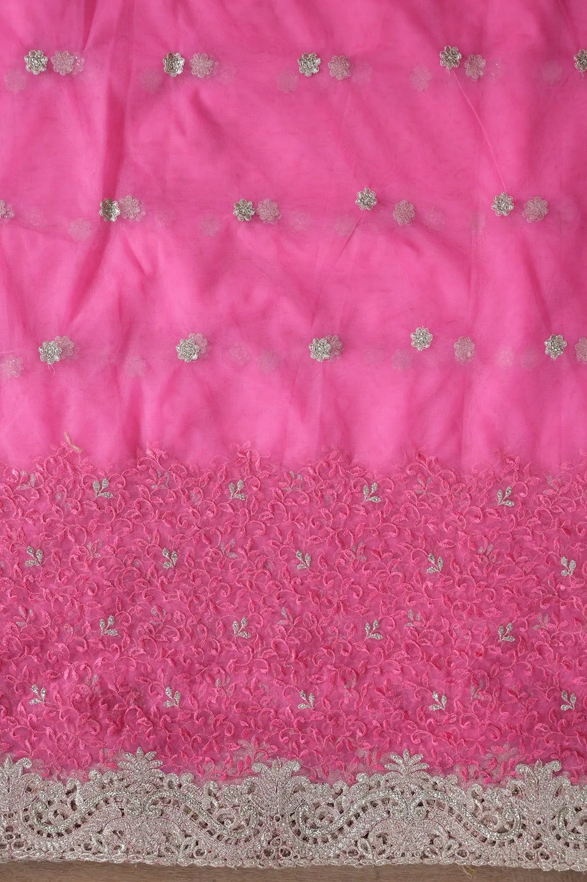 Big Width''56'' Pink Thread With Zari Leafy Embroidery Work On Pink Soft Net Fabric With Border