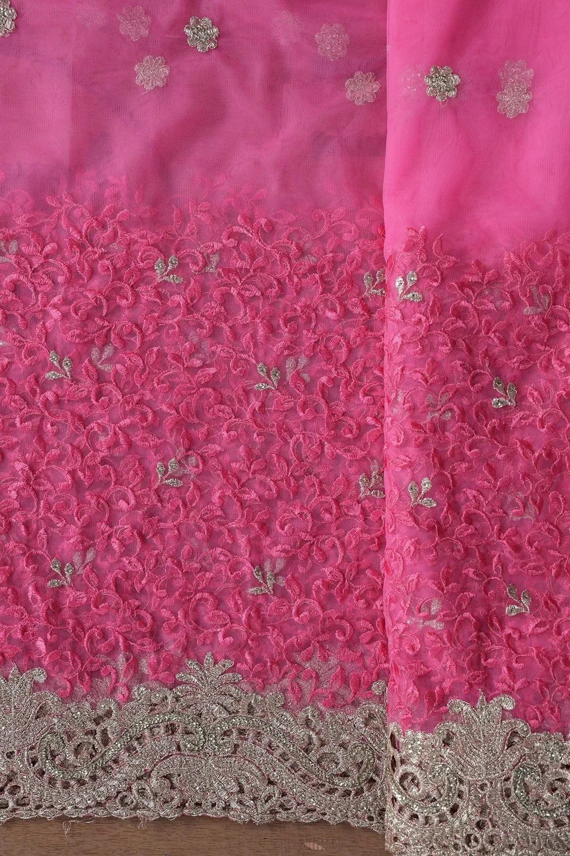 Big Width''56'' Pink Thread With Zari Leafy Embroidery Work On Pink Soft Net Fabric With Border